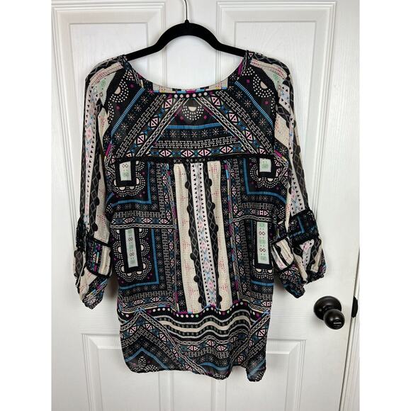 Democracy Sheer Black Blue Boho Print Chiffon Tassel Western Blouse 1X - Picture 9 of 11